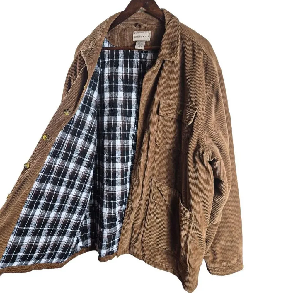 Scandia Woods XL Corduroy Barn Coat Brown Plaid Lined Chore Jacket Workwear